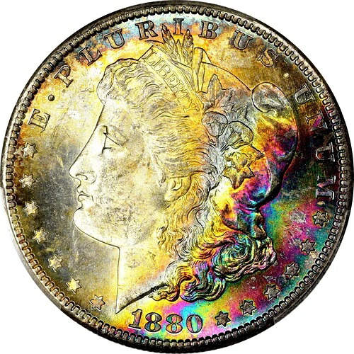 1880年代 PCGS MS65 スタックス CMQ モンスター ネオンレインボー トーニング モルガン シルバー ダラー BB