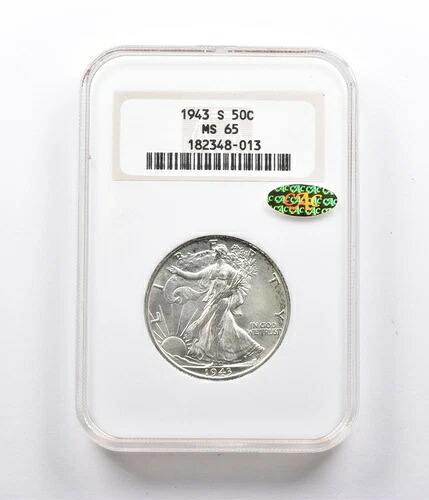 MS65 1943-S ウォーキング・リバティ・ハーフダラー金貨 CAC NGC *0830