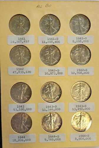 1941 - 1947 BU ウォーキング リバティ シルバー ハーフ ドル セット アルバム入り - 20 枚セット