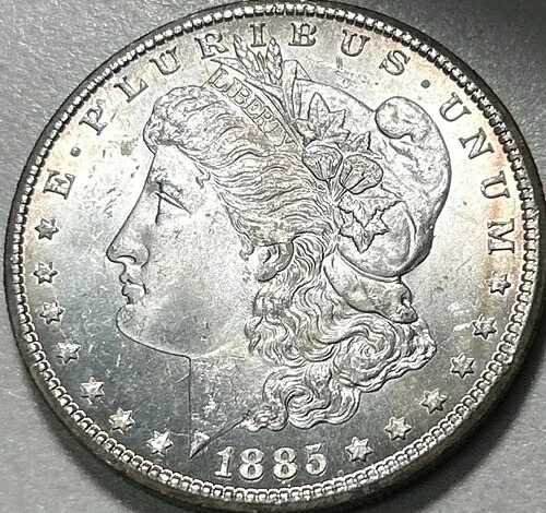 1885年製モルガン・ダラーの美しい裏側トーン、宝石級の希少価値。送料無料