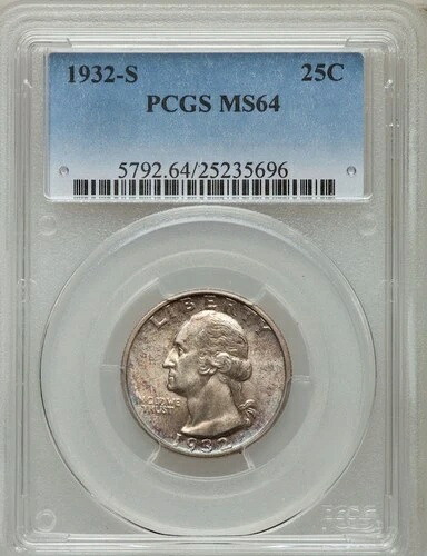 米国 1932-S ワシントン クォーター/25 セント、厳選未流通 PCGS 認定 MS64