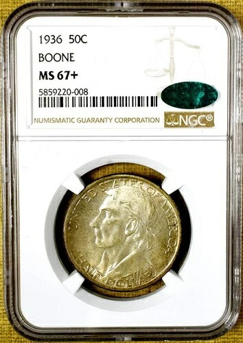 1936 NGC MS67+ ブーン記念ハーフ ドル - CAC ステッカー付き - すごい !!!