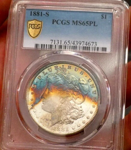 モーガンシルバー 1881 S PCGS MS 65 PL モンスターネオン レインボー ショッキングカラー-