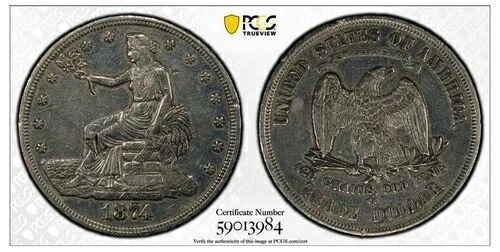 1874年 CC USドル貿易 PCGS XFチョップマーク付きクリーニング-