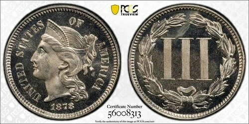 1878年 3セントニッケル PCGS PR-66 CAM-