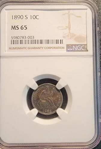 1890-S 着席リバティ シルバー ダイム NGC MS-65、色調あり、非常に希少、素晴らしい!!