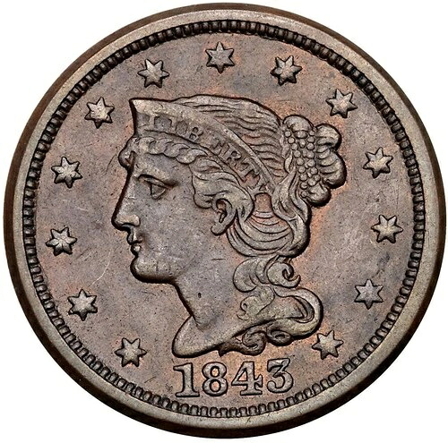 1843 N-17 R-5- PCGS AU 50 成熟した頭部 Lg Lett 編み込みヘア ラージセントコイン 1セント
