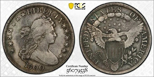 1800年 P シルバードル ドレープバスト PCGS 正規品 - VF 詳細 (92 - クリーニング済み)