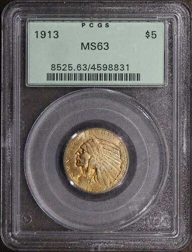 1913年 (MS63) インディアンヘッド ゴールド ハーフイーグル 5ドル PCGS OGH - 素晴らしい光沢