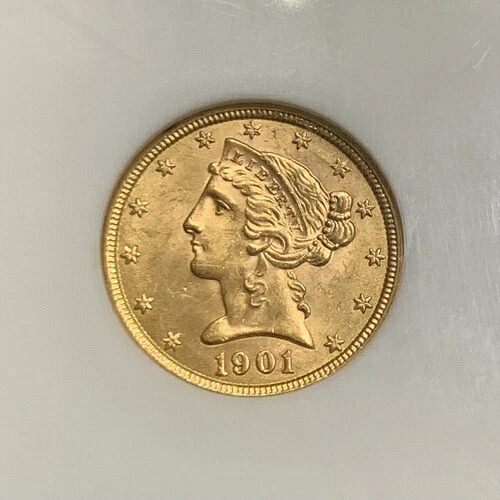 1901年 $5 5 ドルコロネットヘッド 90% ゴールド ハーフイーグル NGC MS63 グレード US コイン-