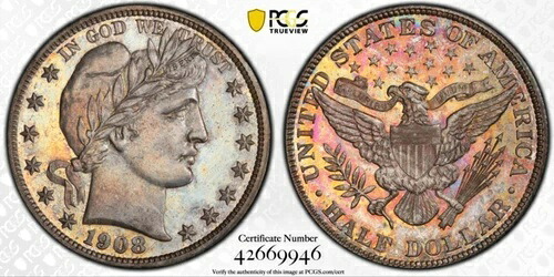 1908年製バーバーハーフダラー50セント硬貨 | PCGS PR64 - 発行枚数少 - PCGS PriceGuide $1,750|WORLD RESOURCE【QUEEN店】