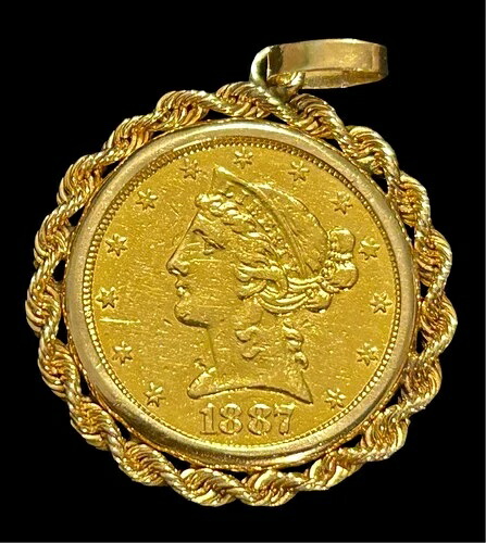 1887年 S $5 リバティヘッド ハーフイーグル金貨 14K ロープベゼル付き｜WORLD RESOURCE【QUEEN店】