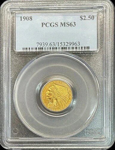 1908年 ゴールド USA $2.50 ドル インディアンヘッドクォーターイーグルコイン PCGS ミントステート 63|WORLD RESOURCE【QUEEN店】