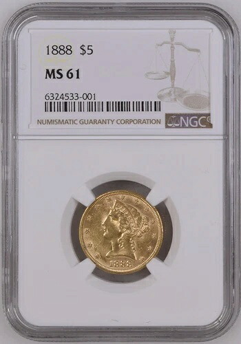 1888 MS61 NGC 18,201 鋳造 -- $2,852 PCGS PG MS62 -- KEY DATE $5 ハーフイーグル|WORLD RESOURCE【QUEEN店】