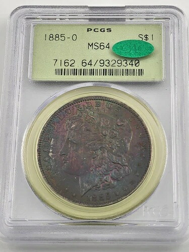1885年-O MS 64 モーガンシルバー ドル PCGS & CAC トーン ブルー グリーン パープル-|WORLD RESOURCE【QUEEN店】