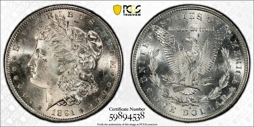 1891年 S モルガン銀貨 PCGS MS-65