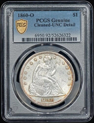 1860-O 着席リバティ銀貨 $1 PCGS UNC 詳細 - 強い光沢!