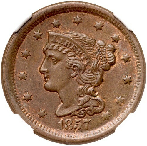1857 N-4 R-1 NGC MS 64 BN Sm 日付 編み込みヘア ラージセントコイン 1セント