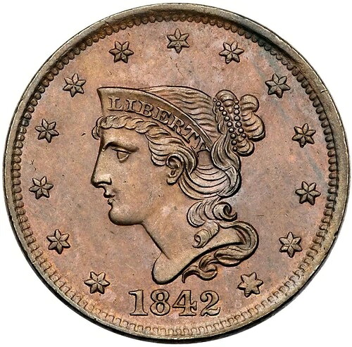 1842 N-8 R-1 PCGS MS 62 BN 編み込みヘア ラージセントコイン 1セント