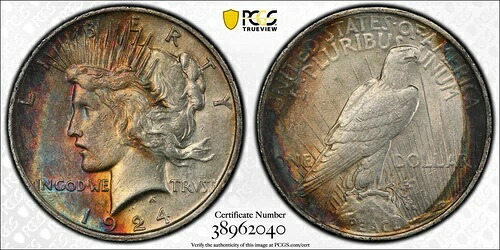 1924年ピースダラー PCGS AU53 モンスタートーンレインボー 318,285円