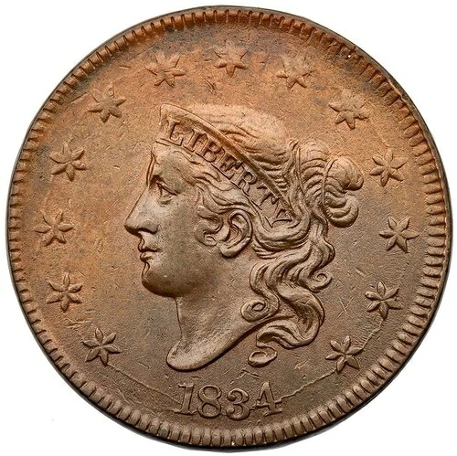 1834 N-6 R-3 ANACS AU 50 詳細 マトロンまたはコロネットヘッド ラージセントコイン 1セント