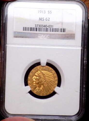 ゴールド インディアン $5 1913 NGC MS 62+++ 古いホルダー グレード 美品 $5-
