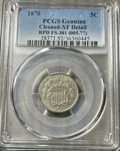 1870年シールドニッケル、FS-401、インディアンセントと衝突！RPD PCGS XFクリーニング済み。希少品