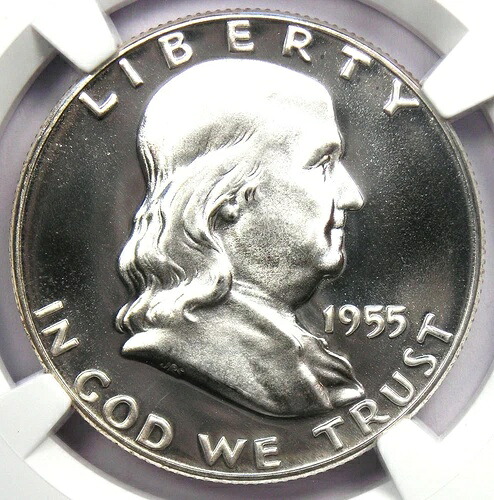 1955年プルーフ フランクリン ハーフダラー 50セントコイン - NGC PR69 カメオ (PF69) - 価値2,650ドル