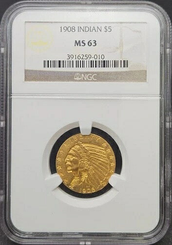 1908 年 5 ドル インディアン ヘッド ハーフ イーグル NGC MS 63、美しい刻印!|WORLD RESOURCE【QUEEN店】