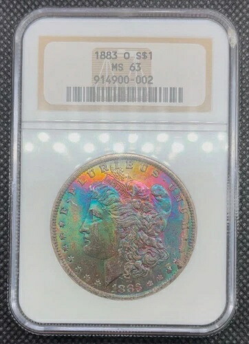 1883年 O $1 モーガンシルバードル NGC MS63 レインボーテキスタイル トーン-｜WORLD RESOURCE【QUEEN店】