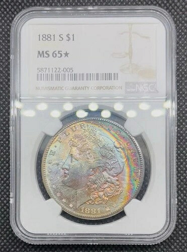 1881 S $1 モルガン銀貨 NGC MS65* スターレインボートーン