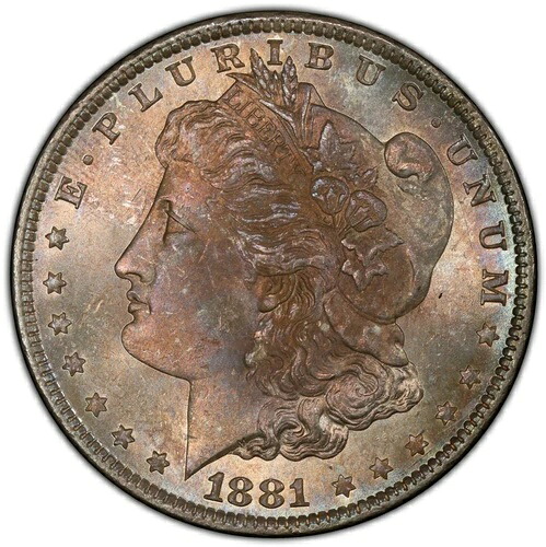 1881-O モルガン銀貨 PCGS MS65 - 美しい金、マゼンタ、オレンジの色合い