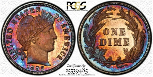 レインボートーンズ1892 10CバーバーダイムPCGS PR65 CAC! 素晴らしいジェムプルーフ!-