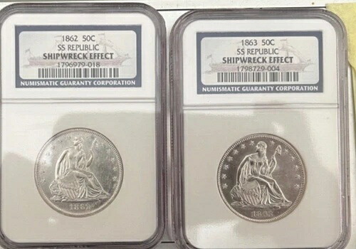1862年と1863年の着席型ハーフドル（2枚） - NGC SS Republic Shipwreck Effect