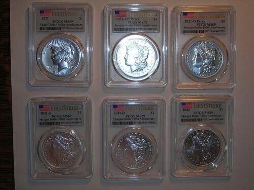 2021年 1ドル シルバー ピース＆モーガン P、S、O、D、CC レア フラッグ ファーストストライク ラベル PCGS MS69
