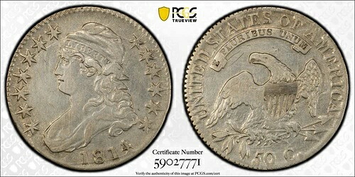 1814/3 キャップド バスト ハーフ ドル 50セント PCGS XF 詳細傷あり 裏面回転 (H121)