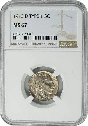 1913-D バッファローニッケル 5セント タイプ1 MS67 NGC 950596-3