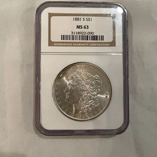 1881年-S モーガンシルバー ドル $1 PCGS MS63-素敵な光沢のあるホワイトコイン-