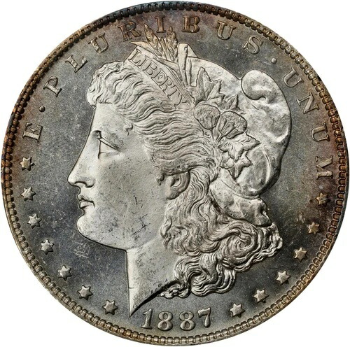 モルガン ダラー 1887-O、PCGS MS-64 プルーフ状!!! 周囲の色調が素晴らしい!