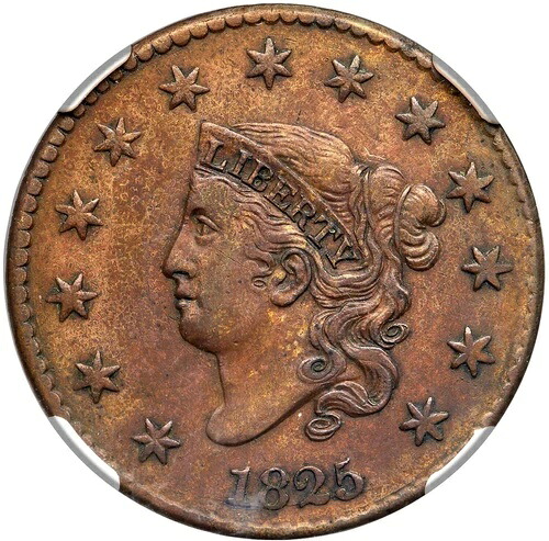 1825 N-1 R-4 NGC AU 50 マトロンまたはコロネットヘッド ラージセントコイン 1セント