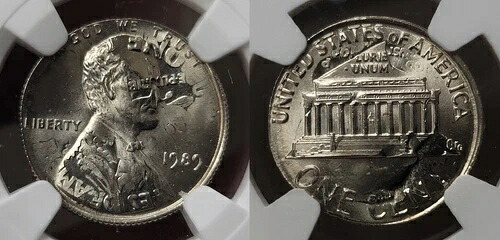 1989年リンカーン・セント1セント、1989年Pダイム10セントダブルデノムミントエラーNGC MS 66に刻印 353,430円