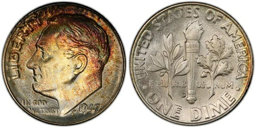 1947-D PCGS MS-67+FB QA ルーズベルト・ダイム！カラートーン！鮮やかで輝きのある輝き！PQ
