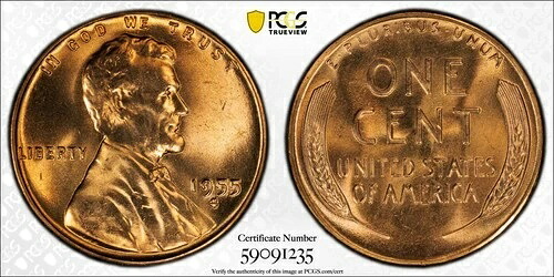 1955年 S リンカーン ウィート セント ペニー PCGS MS-67+ RD CAC|WORLD RESOURCE【QUEEN店】