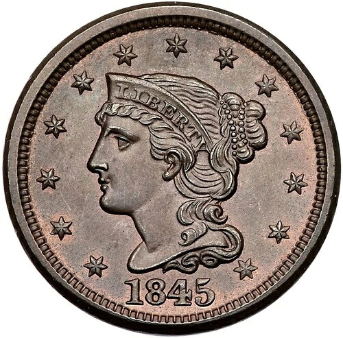 1845年 N-8 R-1 PCGS MS 63 BN 編組ヘア ラージセントコイン 1C-