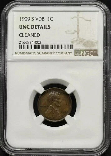 1909-S VDB リンカーン ウィート セント NGC UNC 詳細、クリーニング済み