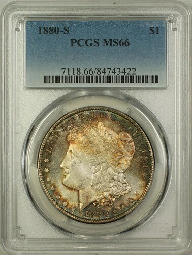 1880-S モーガン シルバー ダラー 1ドル コイン PCGS MS-66 トーン GEM BU (16)