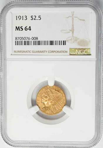 1913年 2.5ドル 1/2ドル金貨 インディアン 2.5ドル MS64 NGC 950596-30|WORLD RESOURCE【QUEEN店】