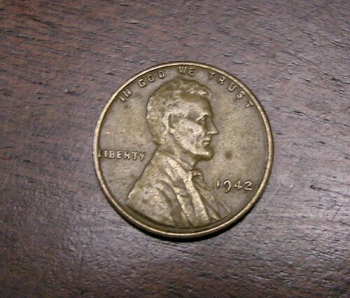 1942年リンカーン・ウィートペニー *希少* ミントマークなし、流通品、良好な状態