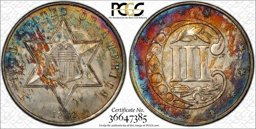 1862年 3CS 3セント銀貨 PCGS MS66 認定 プレミアムジェム PQ トーニング