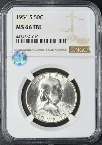 1954-S フランクリン ハーフダラー - NGC MS66 FBL + サイト ホワイト - ?COINGIANTS?